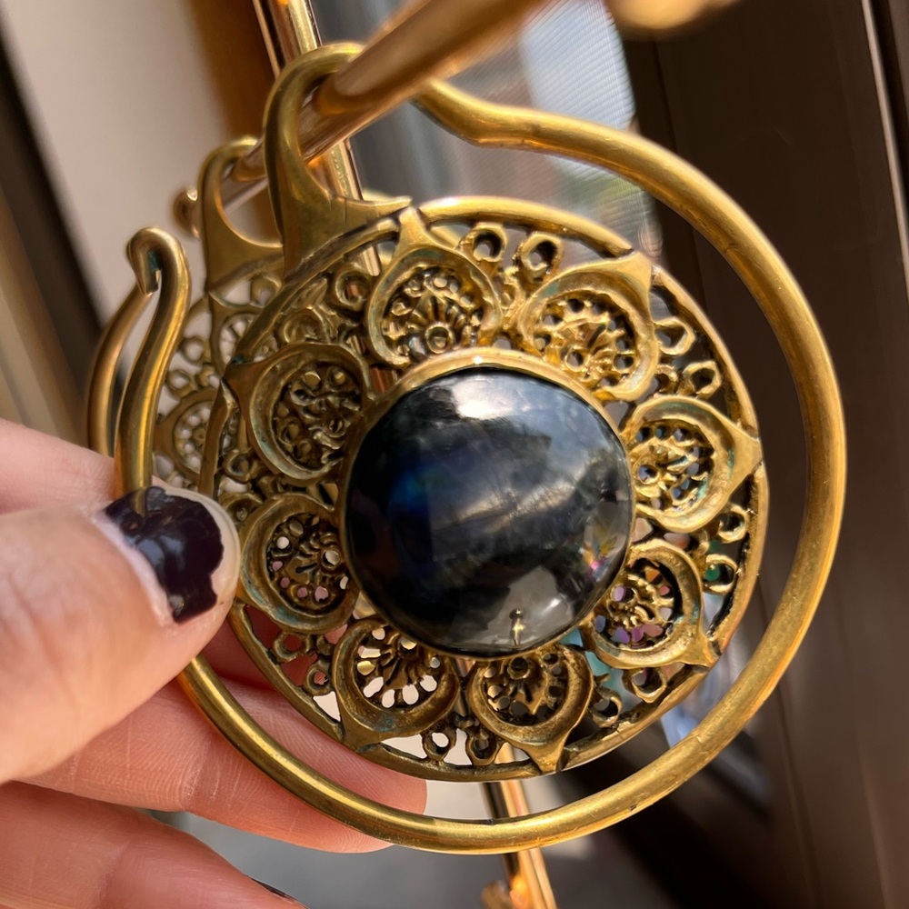 Oracle Body Jewelry Brass Ear Weights Labradorite Inlay - Picture 5 of 11